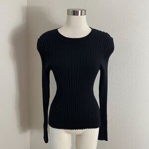 Quince Womens XL Ribbed Organic‎ Cotton Blend Sweater Long Sleeve Black Knit Top